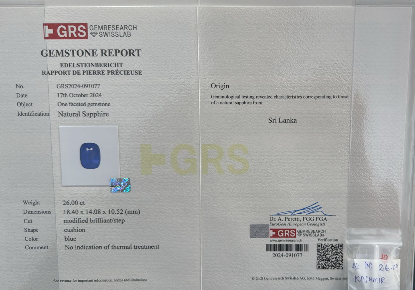 A GRS CEYLON SAPPHIRE