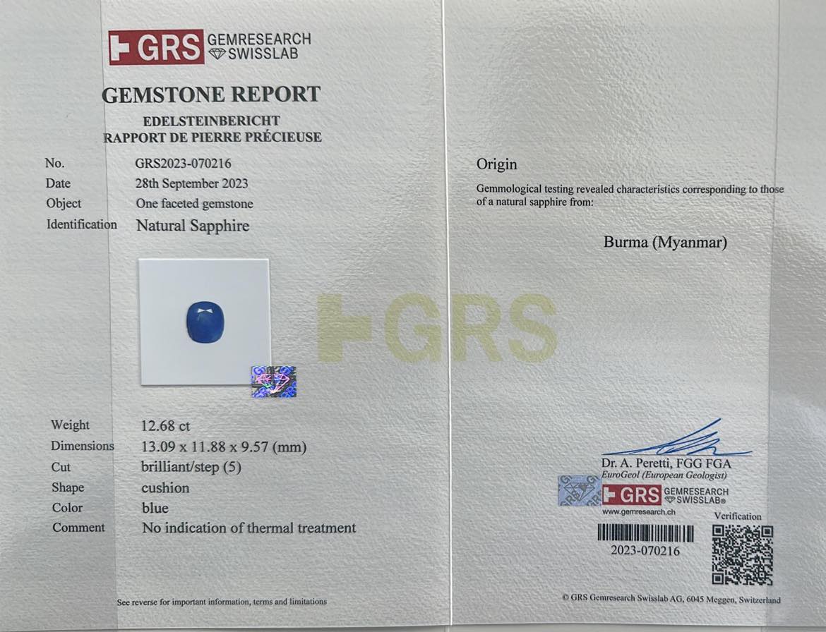 A BURMA BLUE SAPPHIRE GRS 12.68 CARATS